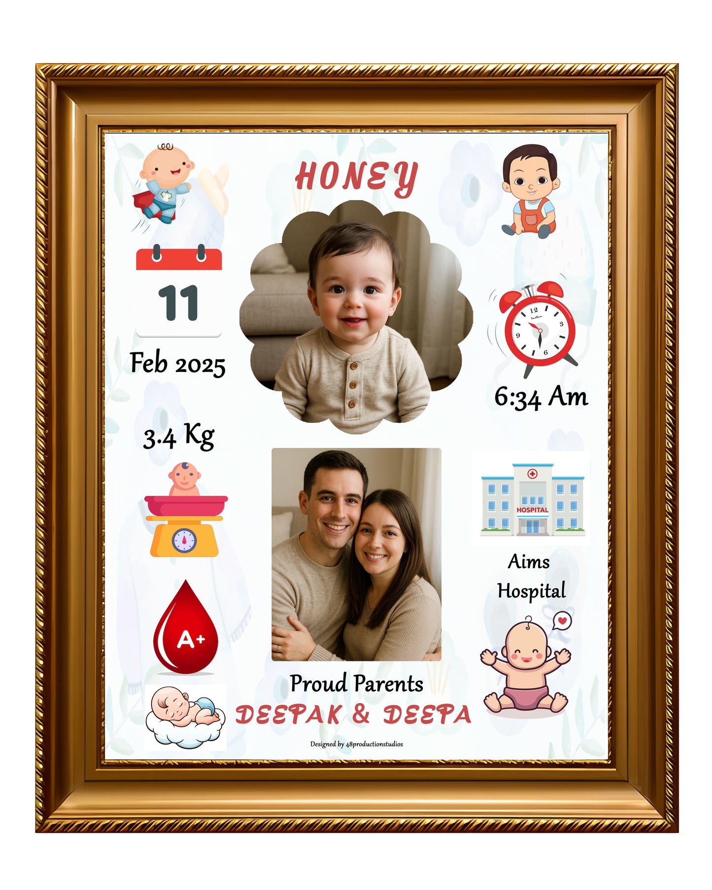Personalized Baby Birth Stats Photo Frame – 16x20 Inch Golden Frame