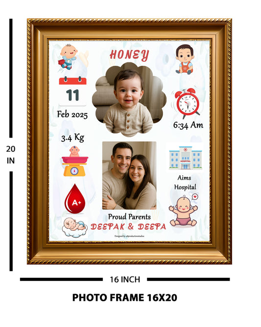 Personalized Baby Birth Stats Photo Frame – 16x20 Inch Golden Frame